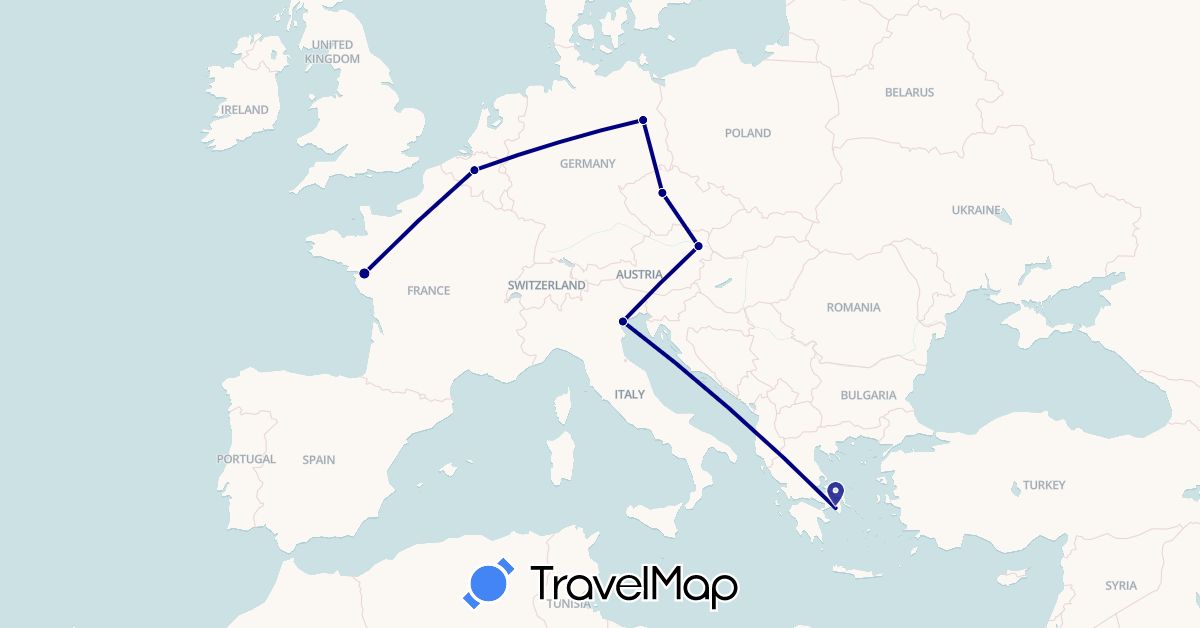 TravelMap itinerary: driving in Austria, Belgium, Czech Republic, Germany, France, Greece, Italy (Europe)